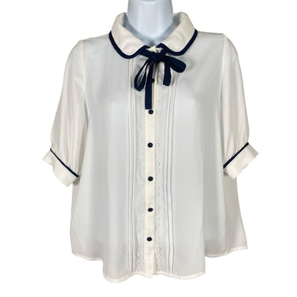 Vintage Style Blouse M Tie Neck Peter Pan Collar Preppy French Girl Coquette - Picture 1 of 13
